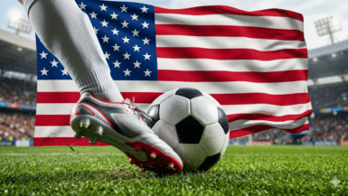 Der Fuß eines Fußballspielers mit grauen und roten Stollen bereitet sich darauf vor, einen schwarz-weißen Fußball auf einem Feld zu kicken, während im Hintergrund des Stadions eine große amerikanische Flagge weht.